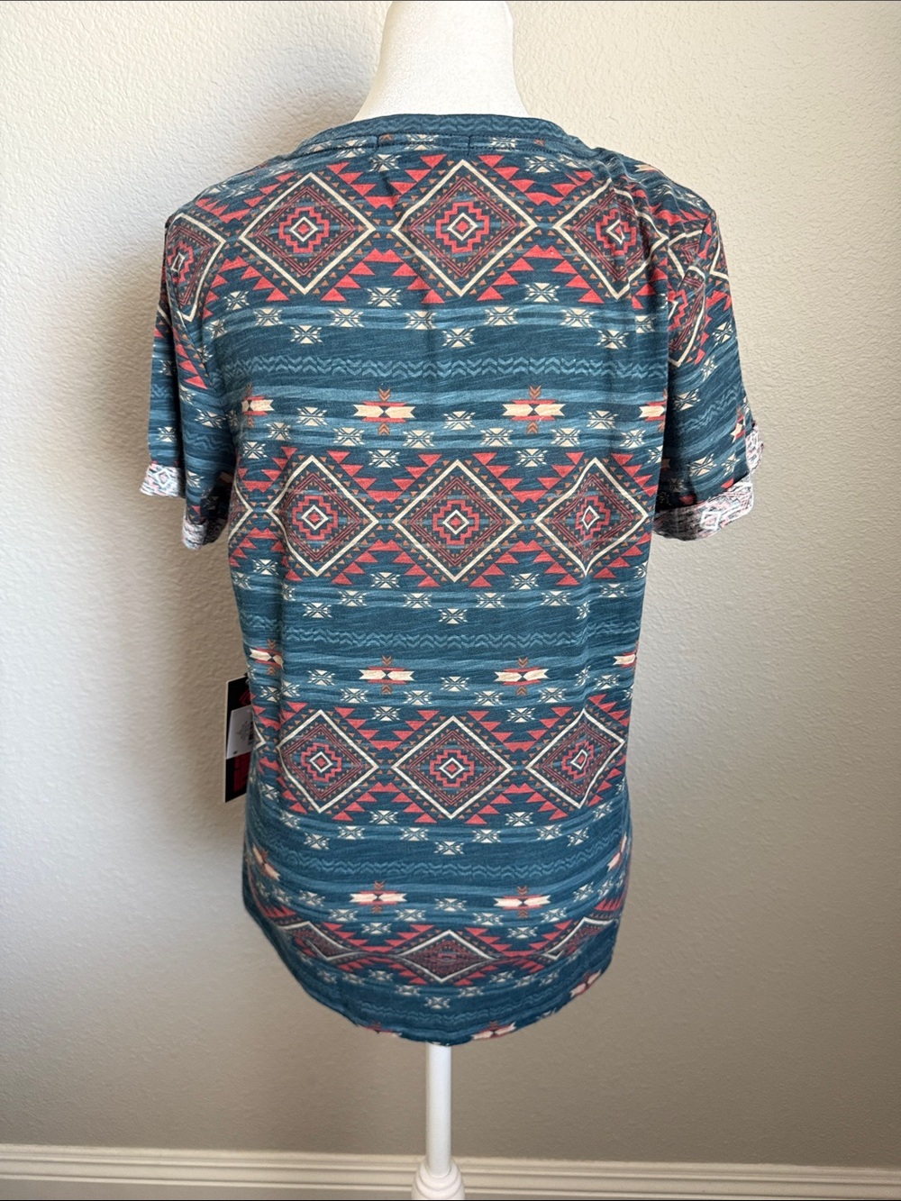 NWT Rock&Roll Denim Aztec-Pattern Short Sleeve Tee in Teal & Coral - Unbranded - Picture 5 of 9